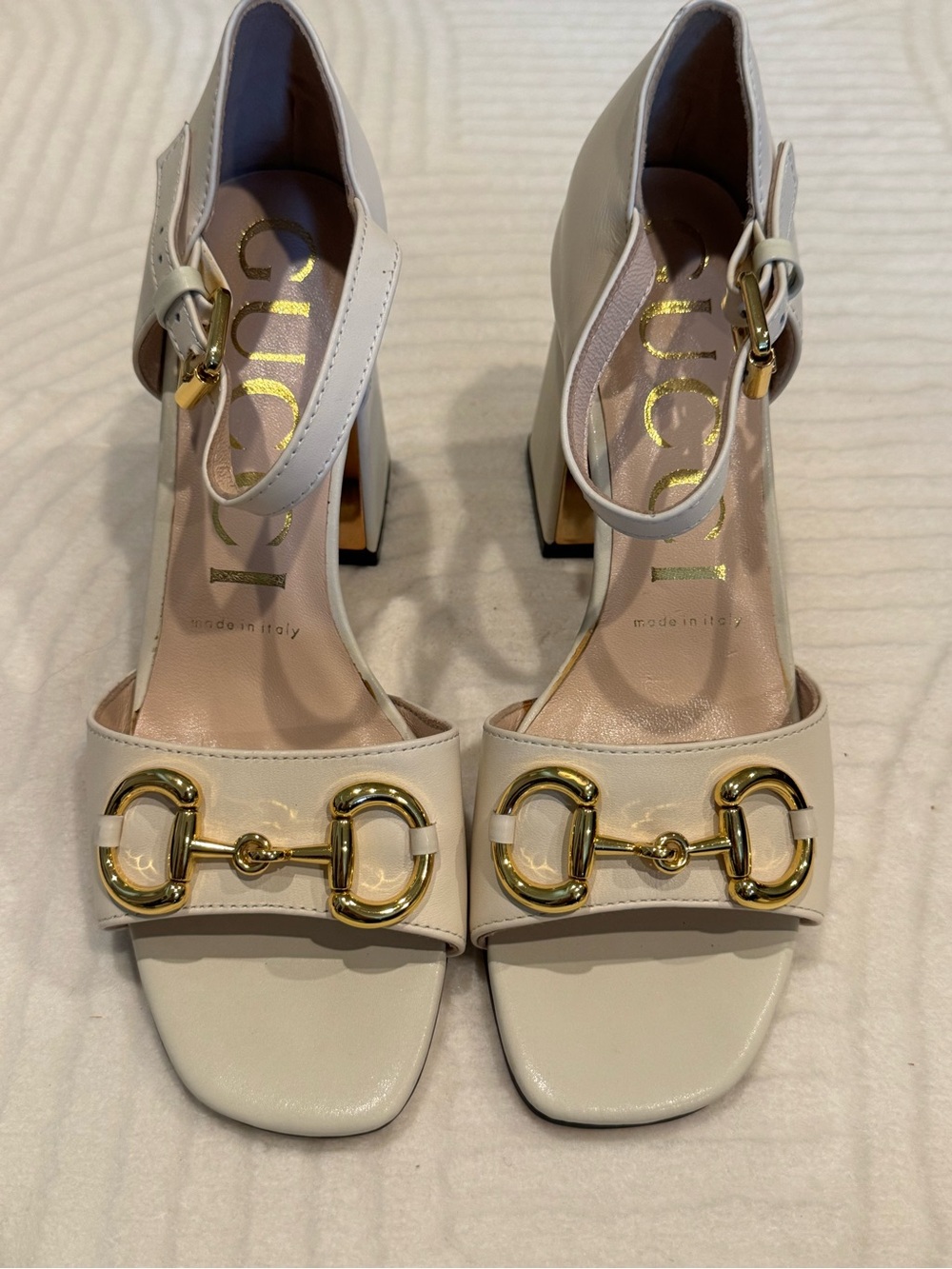 Gucci Cream Leather Horsebit Block Heel Sandals with Gold Hardware